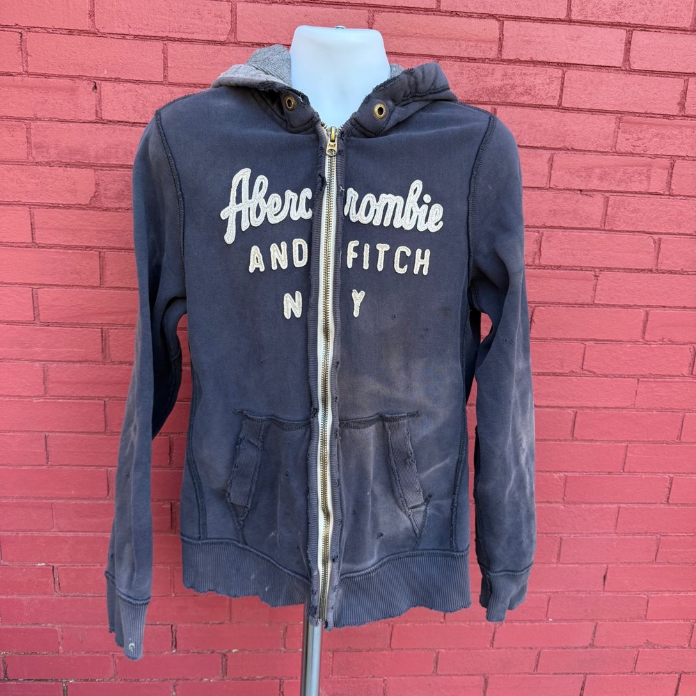 Vtg Abercrombie Fitch Mens Zip Up Hoodie XL Distressed Charcoal Gray Muscle Fit